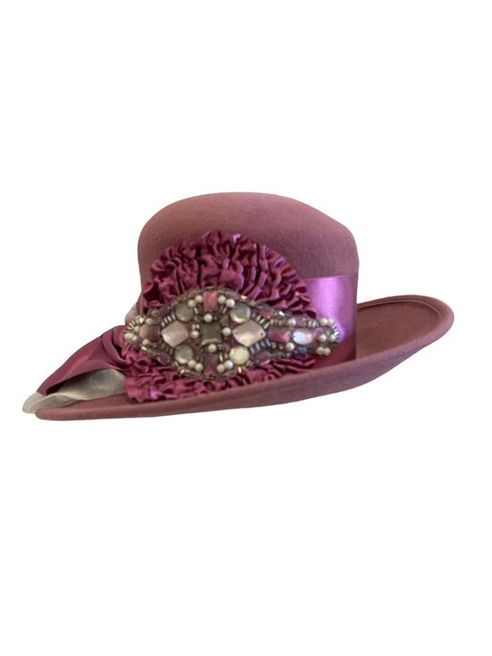 Louise Green Pink Wool Felt Wide Brim Hat Satin Ribbon  Rhinestone Embellishment main image 8
